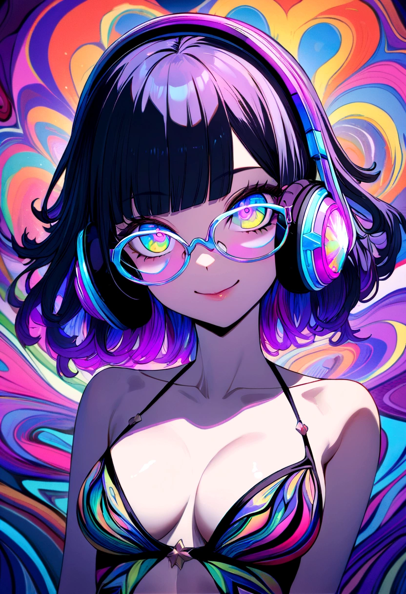 ((top-quality)), ((masterpiece)), (extremely detailed fine touch:1.3), psychedelic art, psychedelic girl, solo, psychedelic short hair, blunt bangs, lustrous skin, (((psychedelic under-rimmed glasses:1.3))), (psychedelic headphones:1.3), psychedelic eyes, smile, make up, medium breasts, clavicle, cleavage, midriff, bare arms, psychedelic