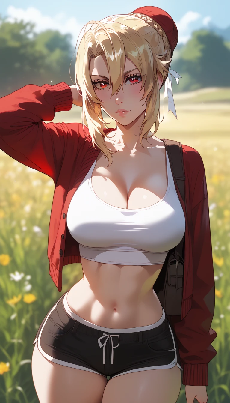 score_9, score_8_up, score_7_up, score_6_up, uncensored, angelica, blonde hair, braid, hair bun, red eyes, BREAK (masterpiece:1.2), best quality, high resolution, (beautiful detailed eyes:1.3), perfect lighting, (perfect hands, perfect anatomy), large breasts, casual, white tanktop, crop top, hotpants, red cardigan, black legwear, dynamic pose, cowboy shot, field, anime coloring, vivid colors, horizon, lens flare,