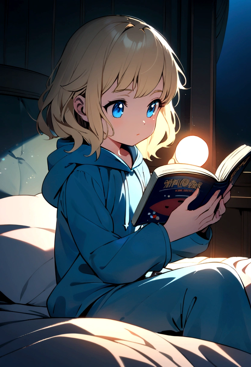 A cute girl (age 10, blonde, big blue eyes) in her shark themed pajamas complete with hoody. Sitting up in bed, reading a shark book by flashlight.