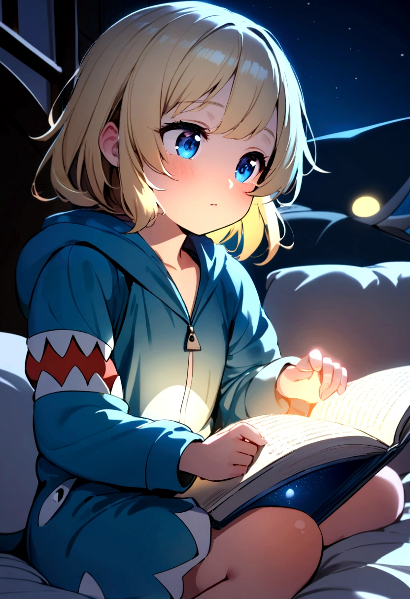 A cute girl (age 10, blonde, big blue eyes) in her shark themed pajamas complete with hoody. Sitting up in bed, reading a shark book by flashlight.