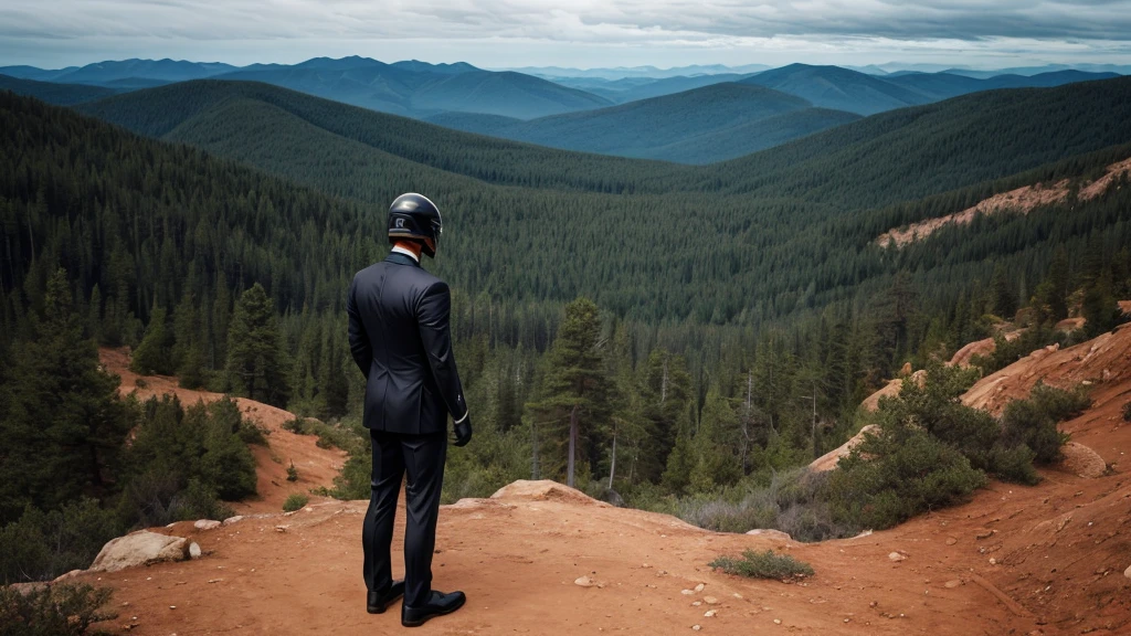 A Luxury Sales Suit man wearing a black rider full-face helmet overlooking wilderness,full body,standard rider black full face helmet,back view of the man, background is a wilderness,a man overlooking wilderness,a man overlooking wilderness,a man overlooking wilderness,a man overlooking wilderness,a man overlooking wilderness,full body,full body,full body,full body,with black rider full-face helmet,with black rider full-face helmet,with black rider full-face helmet,wearing black rider full-face helmet,wearing black full-face helmet,wearing black full-face helmet,overlooking wilderness,overlooking wilderness,Back view,Back view,Back view,Back view,Draw people small,Draw people small,Spectacular views,Spectacular views,Spectacular views,lonely man,lonely man,a black full-face helmet,a black full-face,A Luxury Sales Suit man,with Luxury Sales Suit