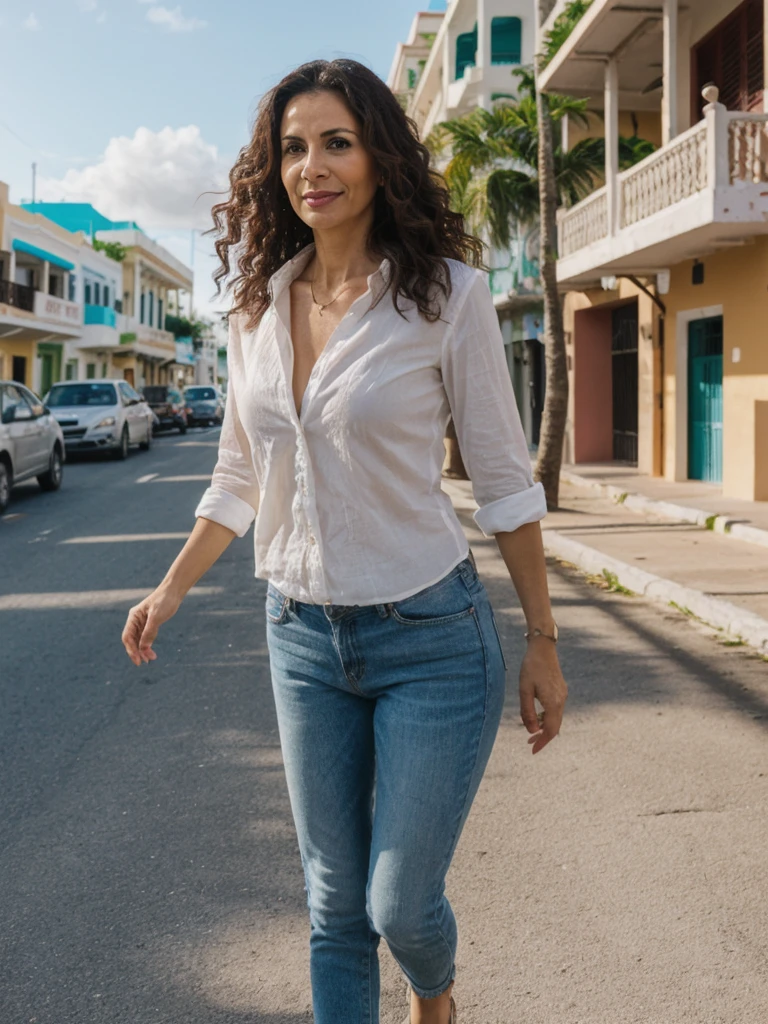 Lina, 1girl, solo, realistic, photorealistic, high quality picture, 8k, high resolution, detailed quality, film grain, natural photo, ultrarealistic, (((40-years-old))), ((detailed wrinkles in her face)), LATINA, (Background: Puerto Rico), (((SLIM))), ((THIN)), (Slender) ((Long Curly hair)), Come hither look, fully clothed, Pose: Walking, ((Walking along the streets in Puerto Rico)), Afternoon, full shot