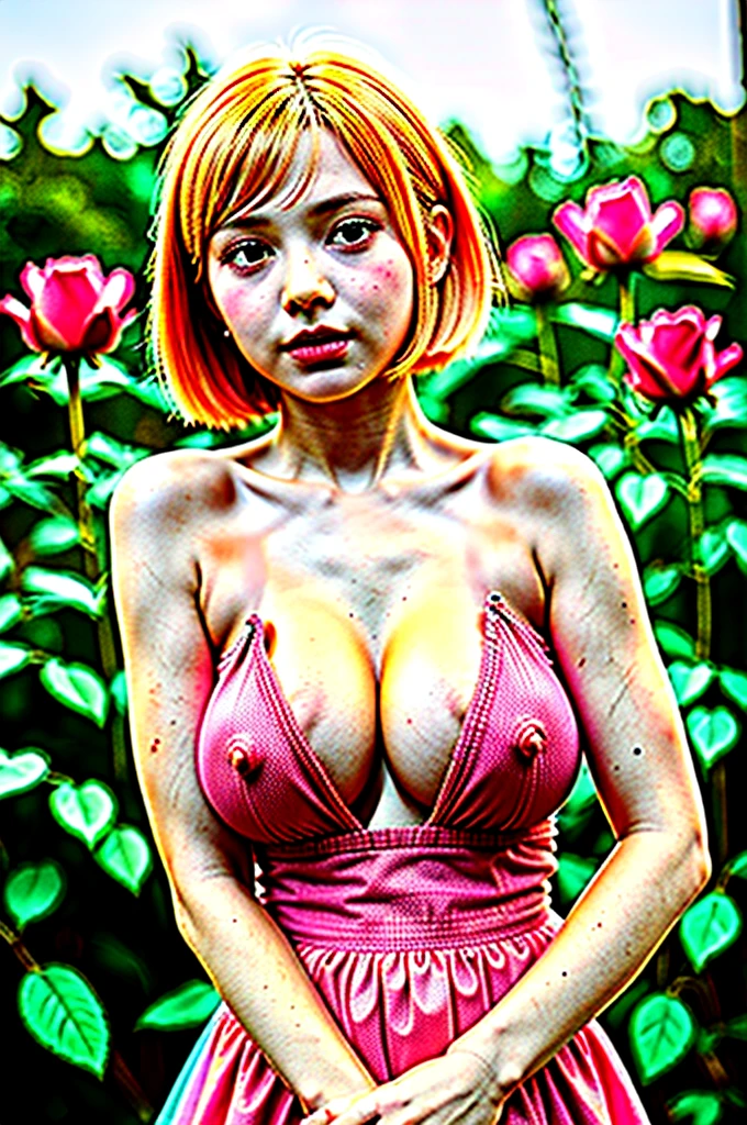 8k, RAW photo, Fujifilm, analog style photo of a beautiful young woman as avril with (huge breasts) in a light pink rose garden (highly detailed skin:1.2) Style-Petal BREAK
short hair, blonde hair with color streaks, blunt bangs, wearing a dress, film grain, 35mm, cute-style, cowboy shot