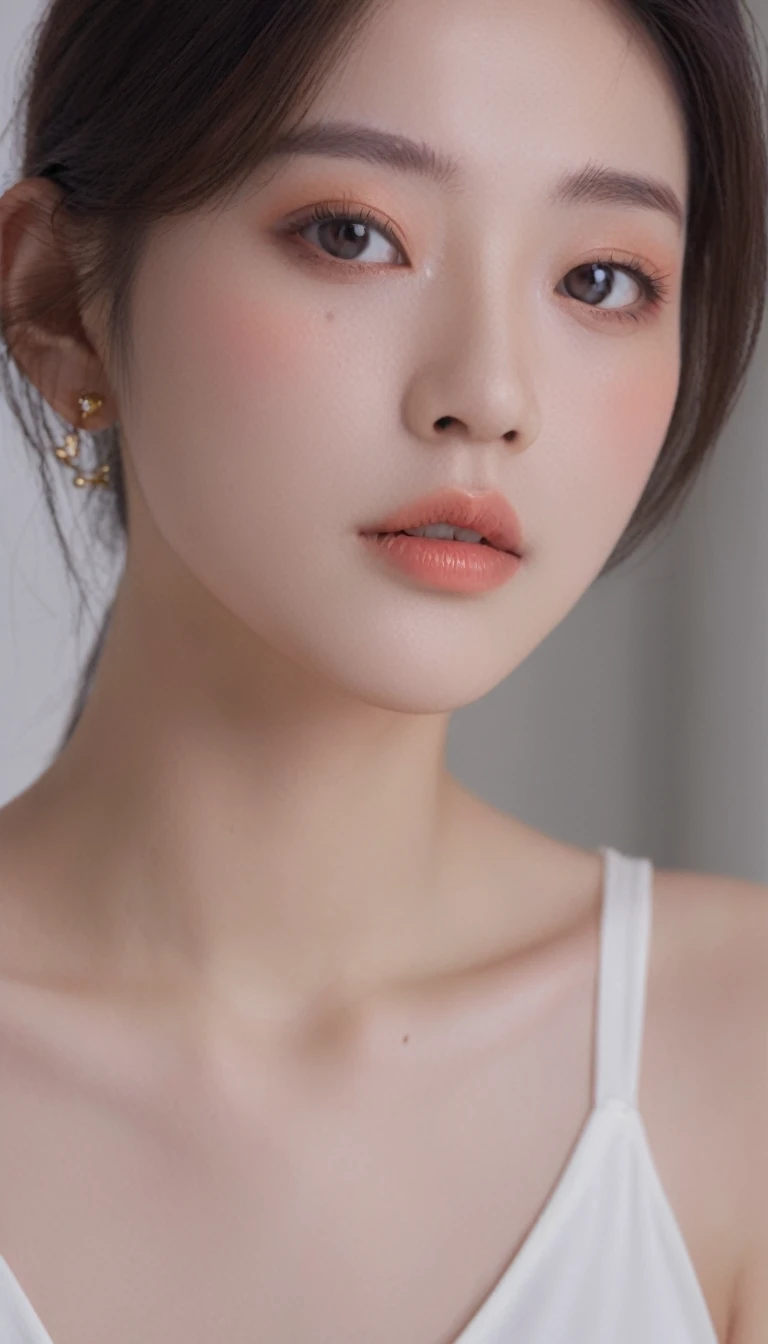 medium wide close-up, potrait, wide shoot, profile photo, front photo, 1girl, woman, (Photorealsitic)、(intricate detailes:1.2)、(​masterpiece、:1.3)、beauty face, (top-quality:1.4)、(超A high resolution:1.2)、超A high resolution、(A detailed eye)、(detailed facial features), ((Realistic lighting、top-quality、8K、natural light, ​masterpiece:1.3))、bright photo, Clear focus:1.2、1girl in、flawless beauty:1.4、Superfine Face、Narrow-eyed、double eyelid、photos realistic, perfect eyes, perfect skin, detailed skin, detailed face, looking viewer, front view, potrait, raw photo, simple soft pink background, (intricate detailed skin textured:1.4) front view, looking viewer, clear face,  1 girl、porate、Bright and very beautiful face、beautiful girl, A stunning close-up portrait showcasing the beauty of a Korean model. The composition features soft, natural lighting , bright eyes, and striking cheekbones. Her glossy,  The background is simply white background,  wear sweetshirt, neat hair, long hair, instagram model, profil picture, bright and natural