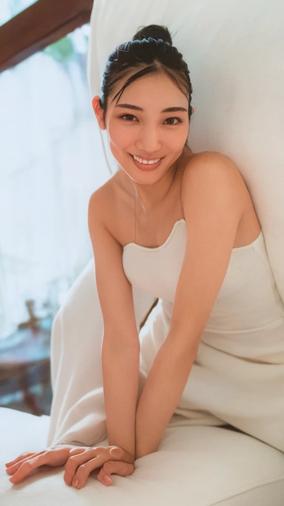 (((smile、Focus on the eyes:1.1、Extremely detailed:1.22、Ultra-high resolution、masterpiece:1.45、Highest quality)))、((((Whole body expression:1.68、camisole、Leaning forward、One person))))、long, straight black hair、So that every single hair is clearly visible、The subtle color changes of hair depending on how the light hits it、 Skin has a natural glow、Fine skin texture、Representing the fine details of pores:1.25、Details of the light redness on the forehead and cheeks、(((Eyes with fine iris details、The eyes depict color gradations and patterns.、Long, natural-looking eyelashes, each and every one visible、Well-groomed eyebrows、眉毛のindivual々The hair is clearly visible、Light reflecting off into the eye、The light in the eyes creates small highlights)))、The nose is delicate、Fine detail on the nostrils、Lips are plump and naturally pink、Depicts the fine lines and soft curves of the lips、lips are shiny and、The gloss on your lips accentuates their shape.、(((Detailed depiction of lip texture、Particular attention to the depiction of light and shadow、Soft natural light gently illuminates the face from the front、A faint glow on the forehead、A slight shine on the nose、A slight glow on the cheeks、Shadows are cast softly along the contours of the face、Accentuate the sides of your cheekbones、Accentuate the sides of the jawline、Emphasize the sides of the nose、The gloss on her lips reflects the light faintly、Lips emphasize the plump texture、The shadow of the hair gives depth and dimension、indivual々The hair shines in the light、