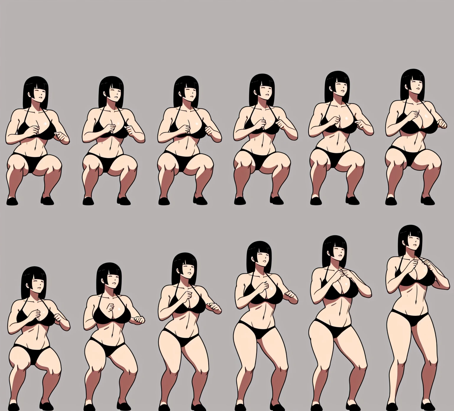 1 girl, anime style, (((linear))), ((black and white)), doing squats, ((bikini)), (muscular), defined abdomen, beautiful thighs, large thighs, wide thighs, bangs covering eyes, sprite sheet, gradual moviment