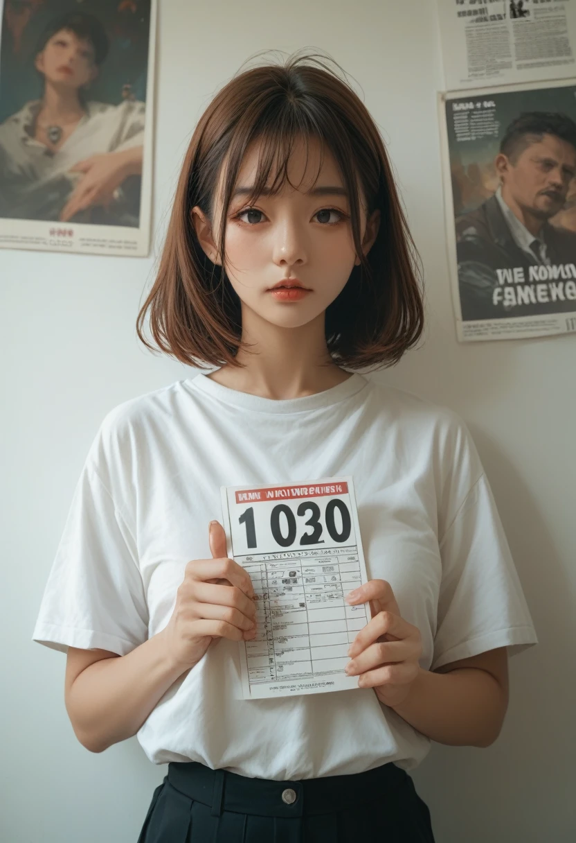 The image is a dynamic anime-style illustration of a hot young woman with warm brown hair, wearing a white shirt, holding a number 1000 poster. anime, anatomically correct, high quality, highres, 4K
