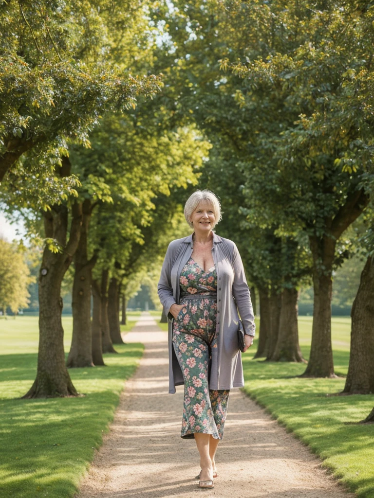 Ellen Burstyn, her name is Lieke, high quality, 1 old woman, ((50-year-old plump dutch woman)), ((55 years old)), (((wrinkled body))), ((((old body)))), ((milf)), ((short grey hair)), (((no make up))), (pale skin),(((large breasts))), ((wide hips)), ((thick legs)), ((Large cleavage:1.1)) POSE: STANDING, ((she is wearing modest stylish Generation X floral clothing different colors)), cheerful, happy, BACKGROUND: outdoor: Rosenborg Castle Gardens, Copenhagen: Elegant gardens with neatly trimmed hedges, statues, and vibrant flower beds. Peacocks roaming freely and a clear blue sky could set a serene atmosphere. 