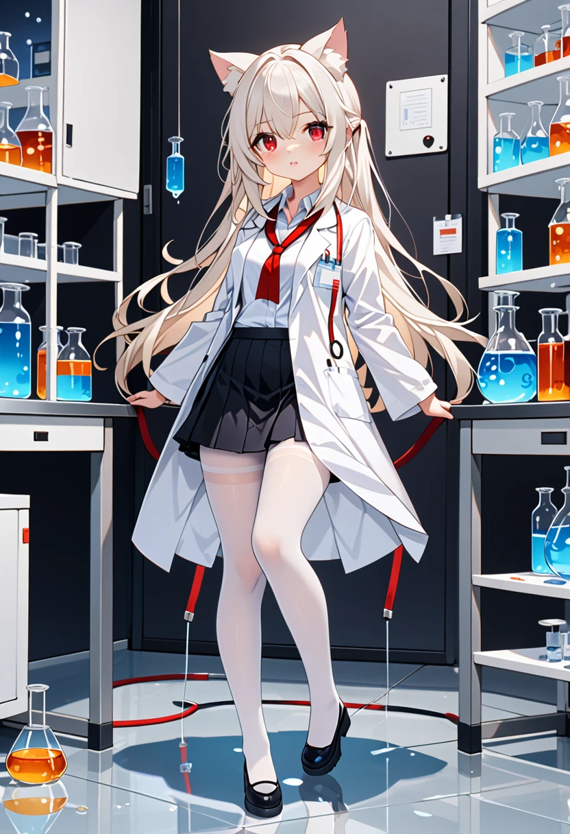 masterpiece, highest quality, highest resolution, clear_image, detailed details, White hair, long hair, cat ears, 1 girl, red eyes, white lab coat (with a black short skirt), white pantyhose, white scarf (around the neck), cute, full body, no water marks, laboratory, no extra limps, no extra body