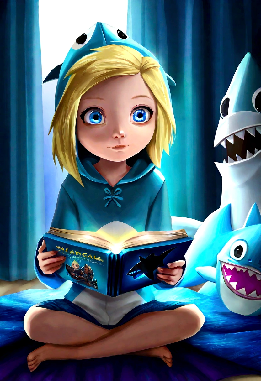 A cute girl (, blonde, big blue eyes) in her shark themed pajamas complete with hoody. Sitting up in bed, reading a shark book by flashlight.
