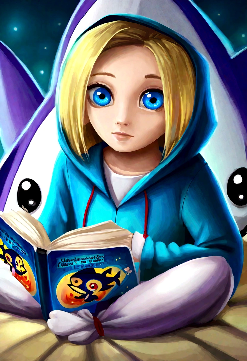 A cute girl (age 10, blonde, big blue eyes) in her shark themed pajamas complete with hoody. Sitting up in bed, reading a shark book by flashlight.