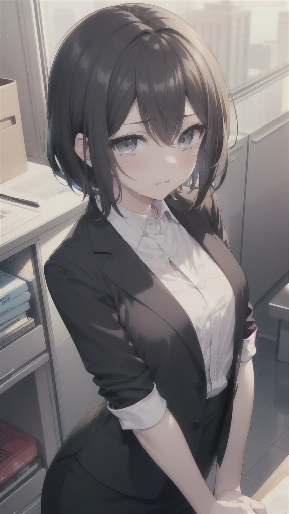  Highest quality、masterpiece、nsfw, (Short Hair, Black Hair, Forehead), (Grey Eyes:1.1), , From above、Looking up、Glare、tears、drool、((cum on face, cum on hair cum on skirt)), ,Small breasts、
break skirt, shirt, Black Skirt, formal, suit, Pencil Skirt, office lady, business suit,
break looking at viewer, (Upper Body:1.5), whole body, (Cowboy Shot:1.5),
break indoors, office,
break (masterpiece:1.2), Highest quality, High resolution, 8k wallpaper, (figure:0.8), (Beautiful attention to detail:1.6), Highly detailed face, Perfect lighting, Highly detailed CG, (Perfect hands, Perfect Anatomy),