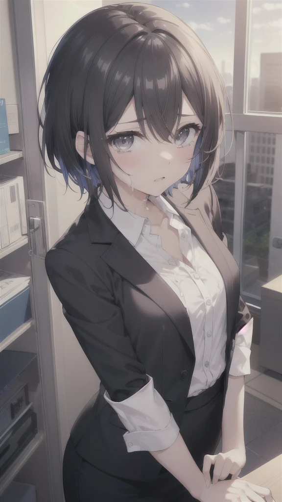  Highest quality、masterpiece、nsfw, (Short Hair, Black Hair, Forehead), (Grey Eyes:1.1), , From above、Looking up、Glare、tears、drool、((cum on face, cum on hair cum on skirt)), ,Small breasts、
break skirt, shirt, Black Skirt, formal, suit, Pencil Skirt, office lady, business suit,
break looking at viewer, (Upper Body:1.5), whole body, (Cowboy Shot:1.5),
break indoors, office,
break (masterpiece:1.2), Highest quality, High resolution, 8k wallpaper, (figure:0.8), (Beautiful attention to detail:1.6), Highly detailed face, Perfect lighting, Highly detailed CG, (Perfect hands, Perfect Anatomy),