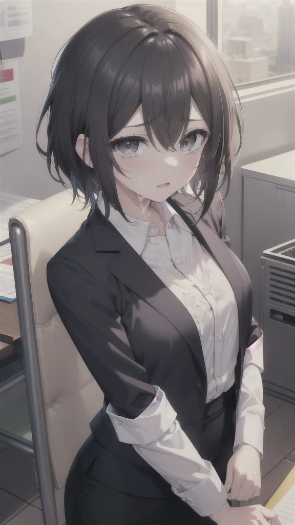  Highest quality、masterpiece、nsfw, (Short Hair, Black Hair, Forehead), (Grey Eyes:1.1), , From above、Looking up、Glare、tears、drool、((cum on face, cum on hair cum on skirt)), ,Small breasts、
break skirt, shirt, Black Skirt, formal, suit, Pencil Skirt, office lady, business suit,
break looking at viewer, (Upper Body:1.5), whole body, (Cowboy Shot:1.5),
break indoors, office,
break (masterpiece:1.2), Highest quality, High resolution, 8k wallpaper, (figure:0.8), (Beautiful attention to detail:1.6), Highly detailed face, Perfect lighting, Highly detailed CG, (Perfect hands, Perfect Anatomy),