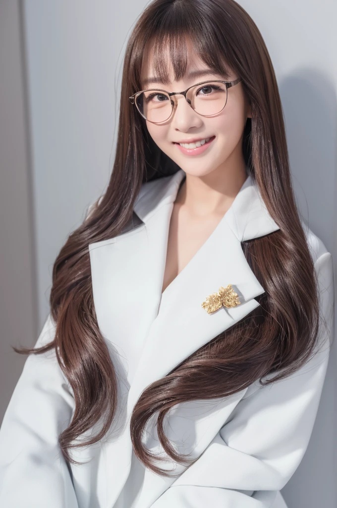 ((Best Quality, In 8K, Masterpiece :1.3))(Correctly generated eyes、Correctly generated hands) (Japanese girl professional photo)、 One girl、Esbian all over、double eyelid、 Loose and fluffy perm 、Glasses、 smile、The whole body is shown wearing a suit、White background