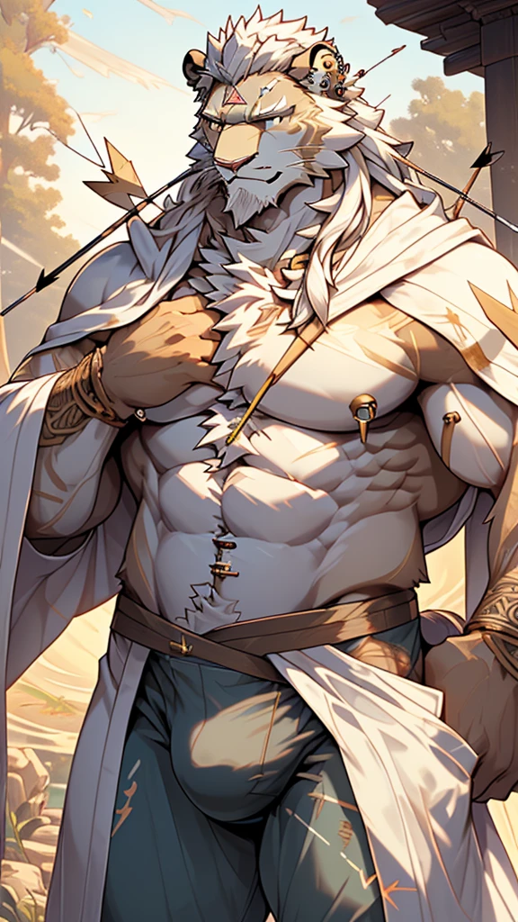 (masterpiece),(highres),(intricate details:1.4),extremely detailed,(illustration:1.2),8k,photorealistic,exquisite,,aged,elder male lion ,muscular,(warrior:1.7),(Ancient Greek mythological style;1.8),(loose white robe:1.6),manhood,safeguard,(white hair:1.3),long hair,long white beard,scar,(badly damaged:1.7),(arrows piercing into his chest:1.9),(bulging crotch:1.8),(homosexual),(naked upper body:1.7),(a serene face:1.9)