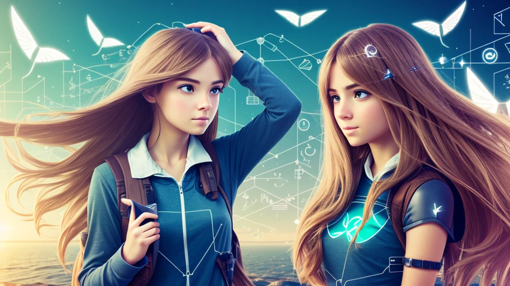 pink hair, Woman, algebraic symbols, technology around, fly away, embarrassed face