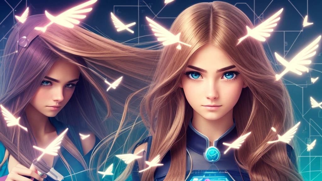 pink hair, Woman, algebraic symbols, technology around, fly away, embarrassed face