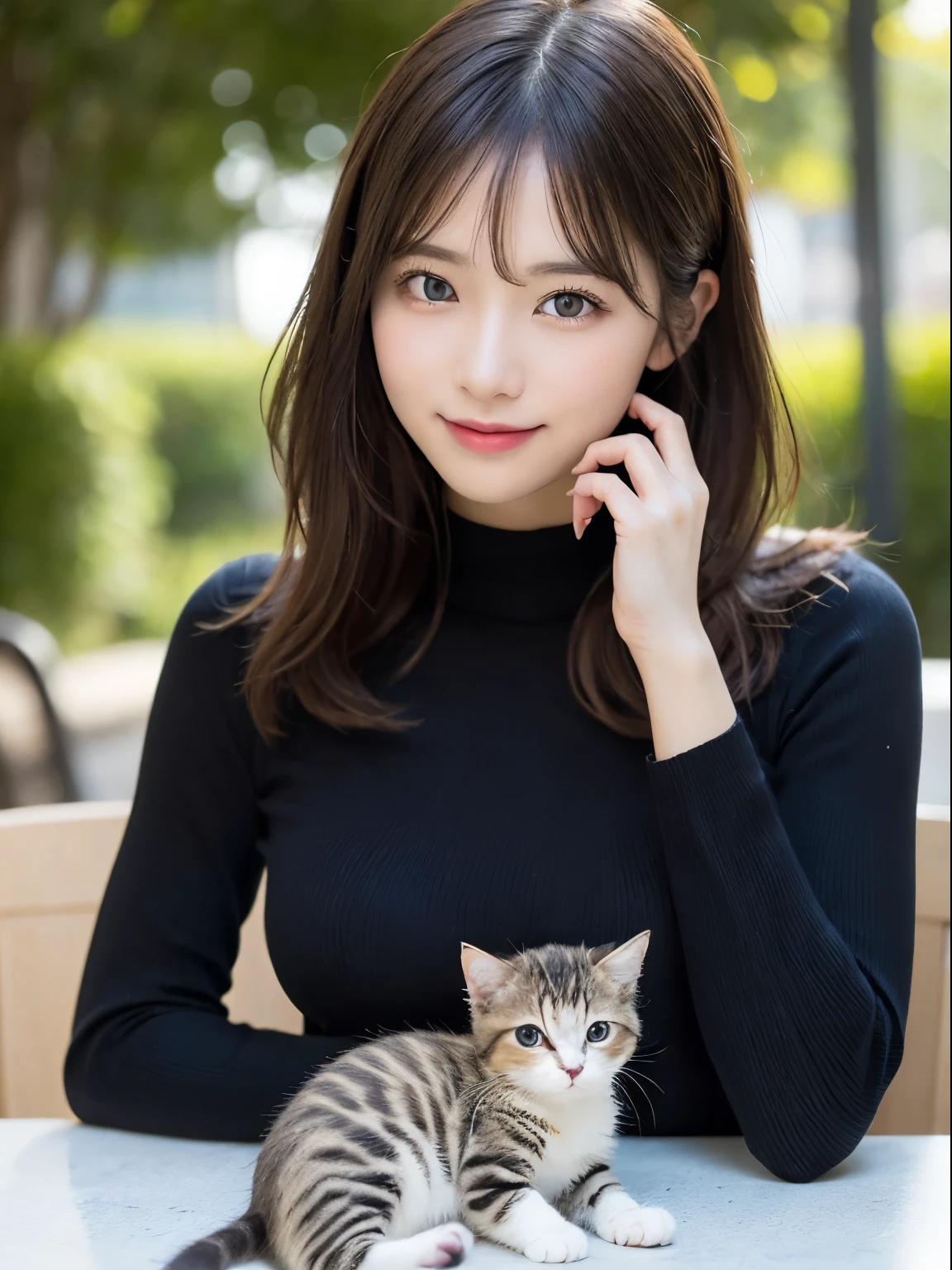 On the table, Highest quality, realism, Fine details, High resolution, 8k wallpaper, Perfect dynamic composition, Beautiful and delicate eyes, Medium Straight Hair, Casual and sexy pose,Random Situation、Holding a kitten、Light black tight knit sweater、(Beautiful breasts overflowing 1.3)、Bright smile、Bokeh、nature、Age 25、(Droopy Eyes 1.3)、Adult Beauty、Japanese