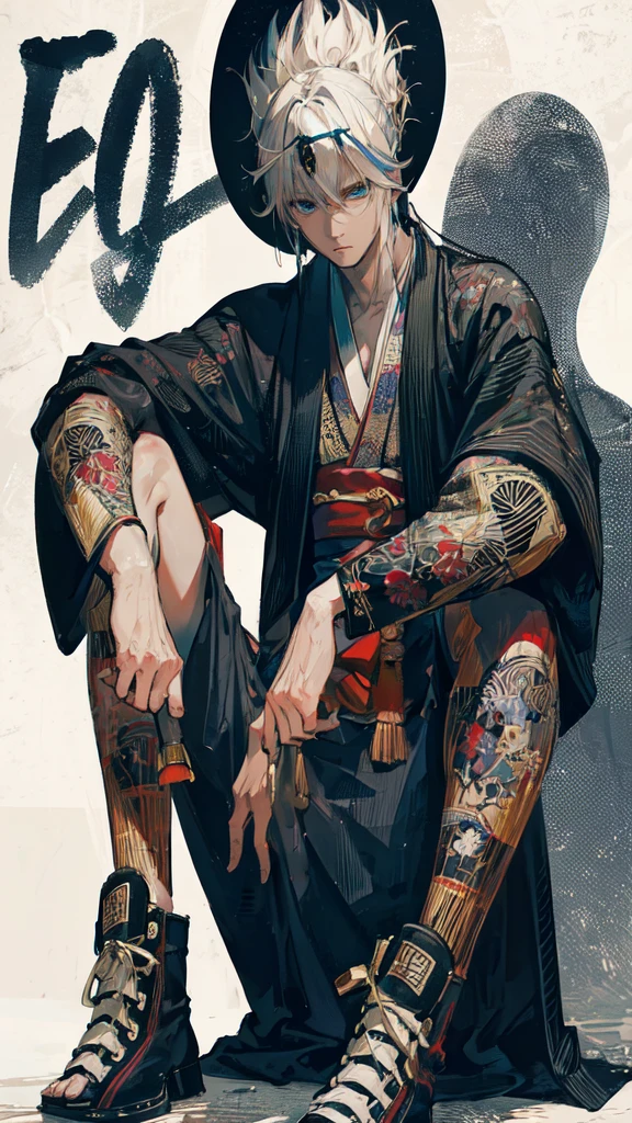 A HANDSOME, MANY, WHITE HAIRED MAN, WITH BLUE EYES, WEARING A RED KIMONO, NAMED "GOJO SATORU" IN A REALISTIC 4K-HDR VIEW, IS STANDING IN THE MIDDLE OF A BEAUTIFUL CITY, WITH A SPRING FEEL.