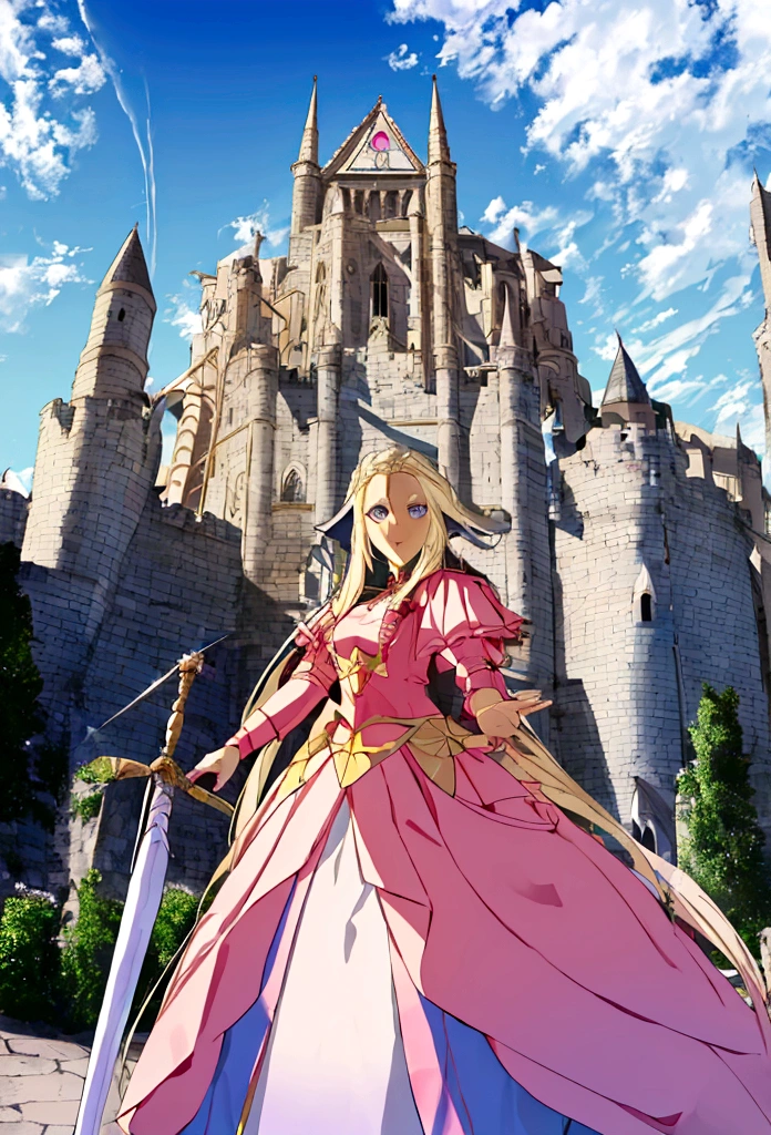 anime styling, best qualityer, White girl, long  hair, blonde hair with pink shine, princesselise, dress in colors: offwhite, pink and gold, holding a rapier, tails, Medieval theme, castle background scenery, blue colored eyes