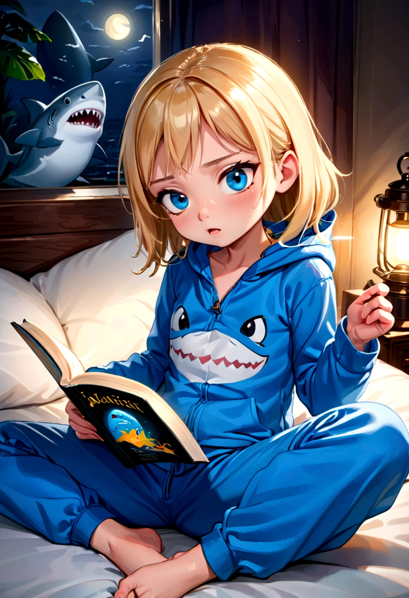 A cute girl (age 10, blonde, big blue eyes) in her shark themed pajamas complete with hoody. Sitting up in bed, reading a shark book by flashlight.