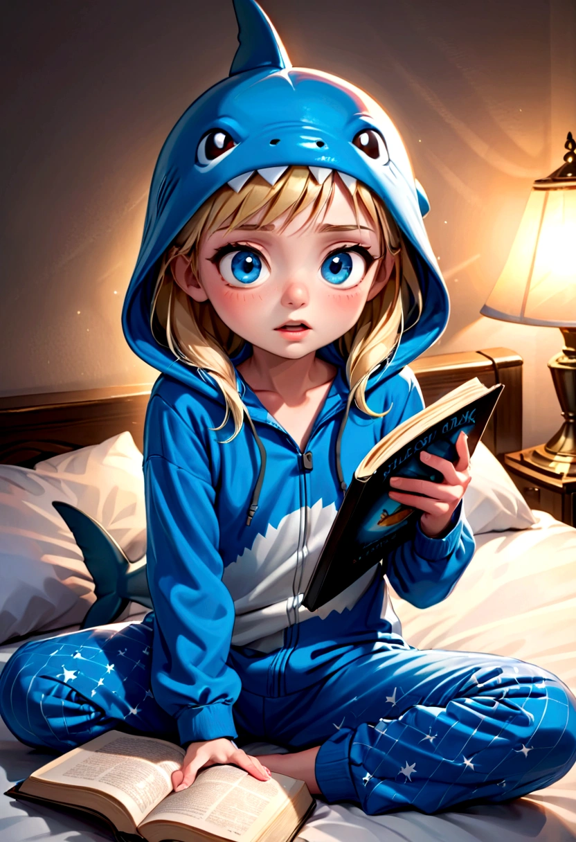 A cute girl (age 10, blonde, big blue eyes) in her shark themed pajamas complete with hoody. Sitting up in bed, reading a shark book by flashlight.