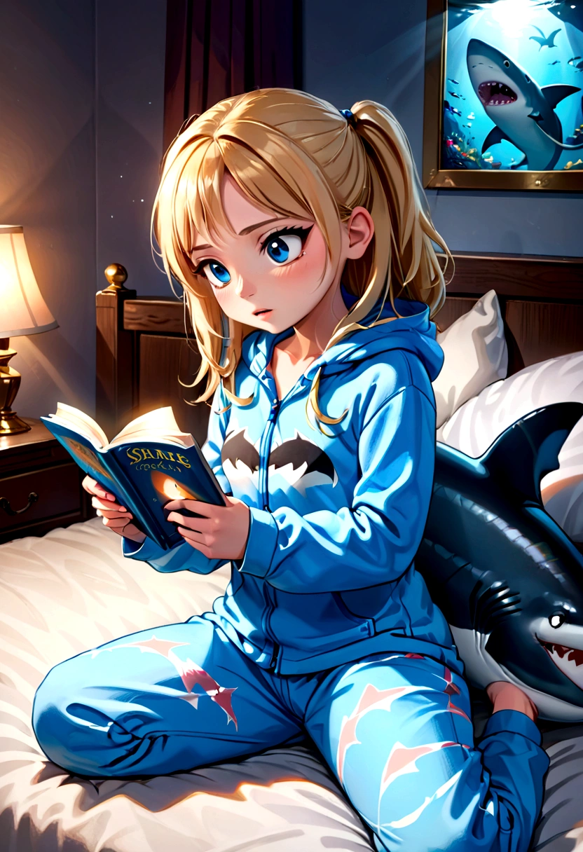 A cute girl (, blonde, big blue eyes) in her shark themed pajamas complete with hoody. Sitting up in bed, reading a shark book by flashlight.
