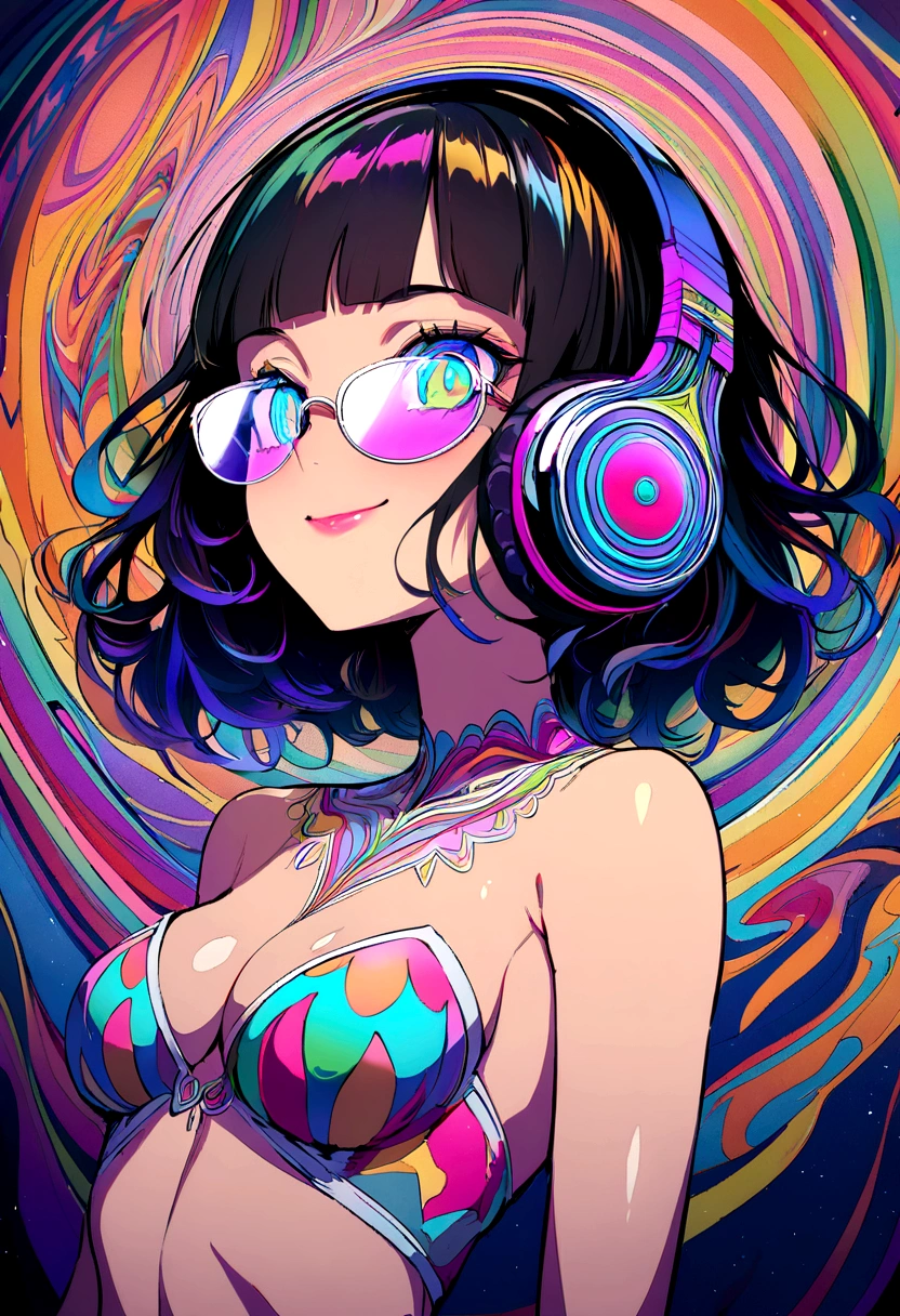 ((top-quality)), ((masterpiece)), (extremely detailed fine touch:1.3), psychedelic art, psychedelic girl, solo, psychedelic short hair, blunt bangs, lustrous skin, (((psychedelic under-rimmed glasses:1.3))), (psychedelic headphones:1.3), psychedelic eyes, smile, make up, medium breasts, clavicle, cleavage, midriff, bare arms, psychedelic