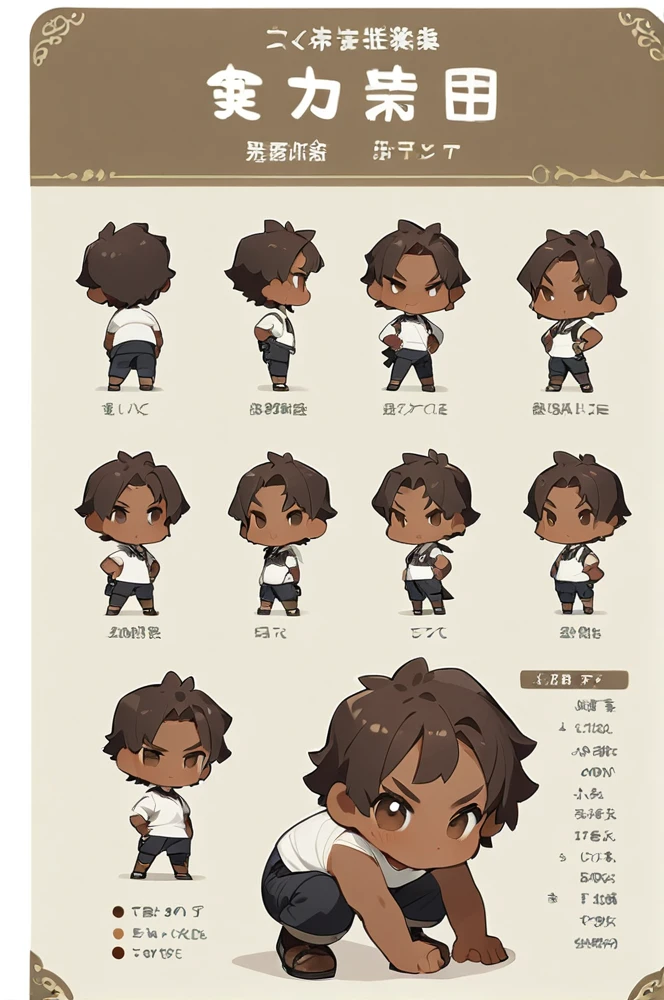 Character sheet, white background, chibi, male, simple clothes, squat pose, brown skin, cartoon style, high quality, high resolution