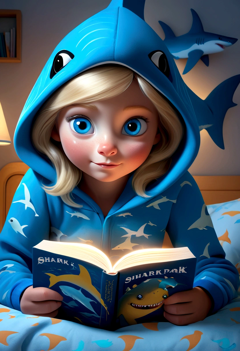 A cute girl (age 10, blonde, big blue eyes) in her shark themed pajamas complete with hoody. Sitting up in bed, reading a shark book by flashlight.