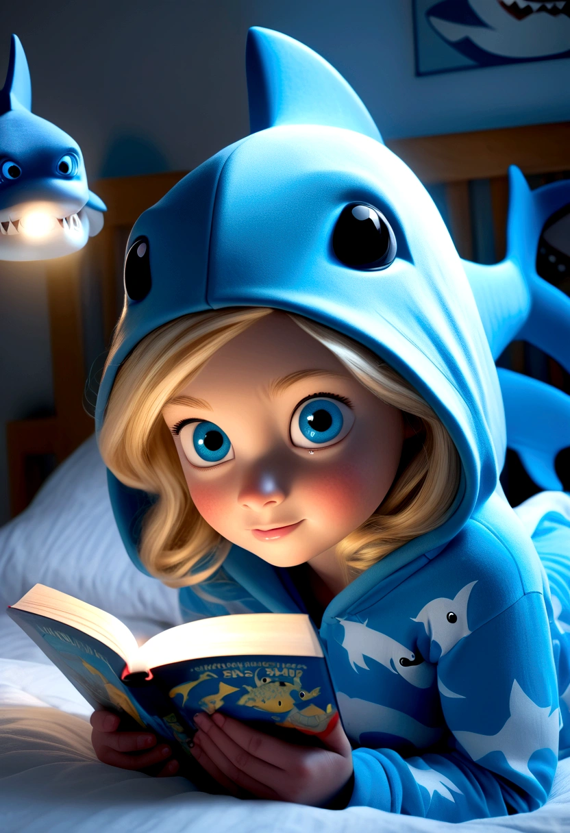 A cute girl (age 10, blonde, big blue eyes) in her shark themed pajamas complete with hoody. Sitting up in bed, reading a shark book by flashlight.
