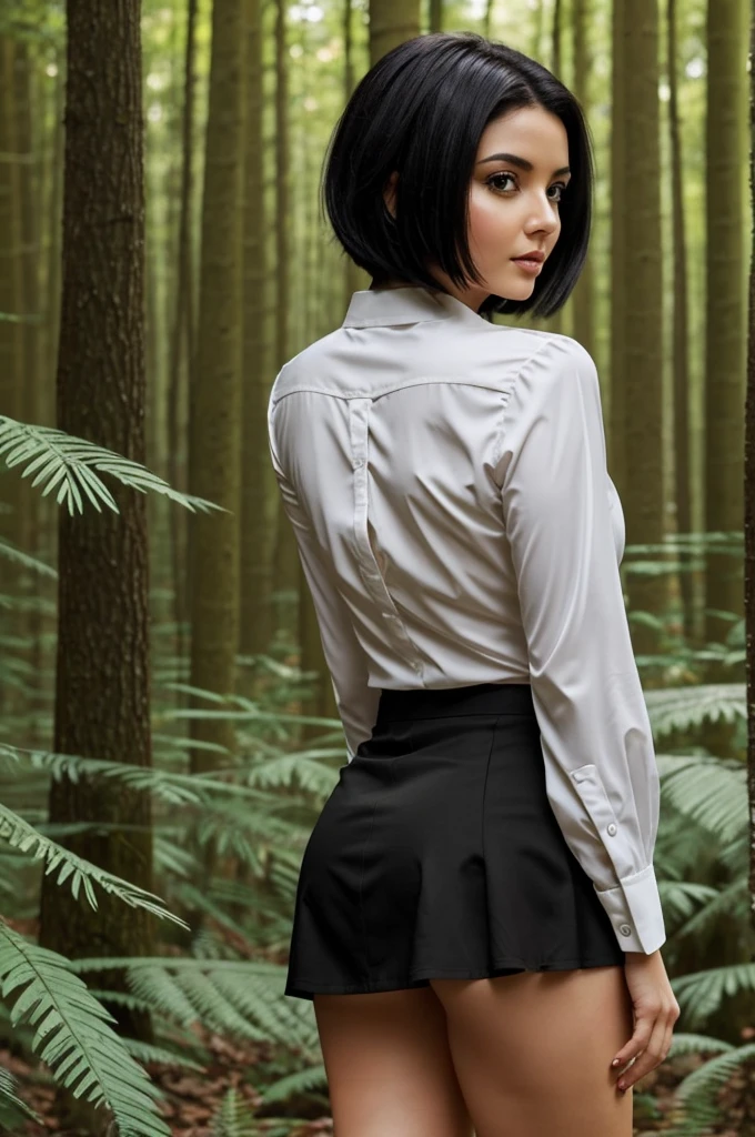 Create a woman with short black hair, with a short skirt and long sleeve blouse, In a forest, and also that she has big nipples and a big butt, that can be seen from a 170° angle and are in a position where your butt and nipples can be seen better