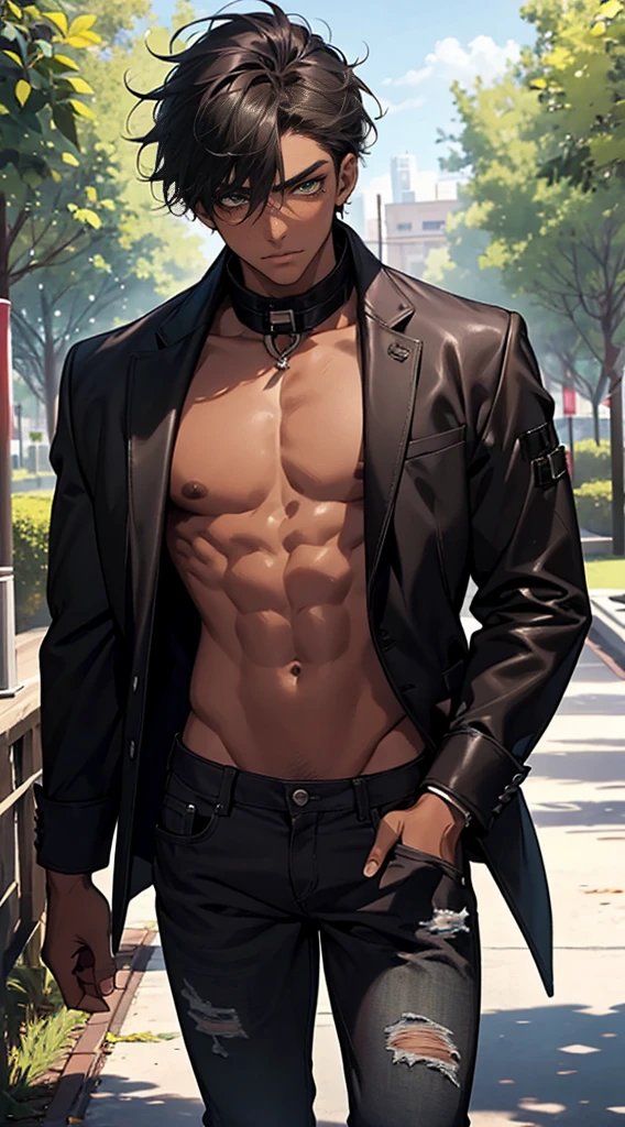 1 boy, single ager, athletic body, somewhat stocky, messy burgundy neck-length hair, dark skin, tanned skin, green eyes, mole under right eye, somewhat athletic body, somewhat wide hips, black shirt, ripped jeans, leather black jacket, in a university, in a park