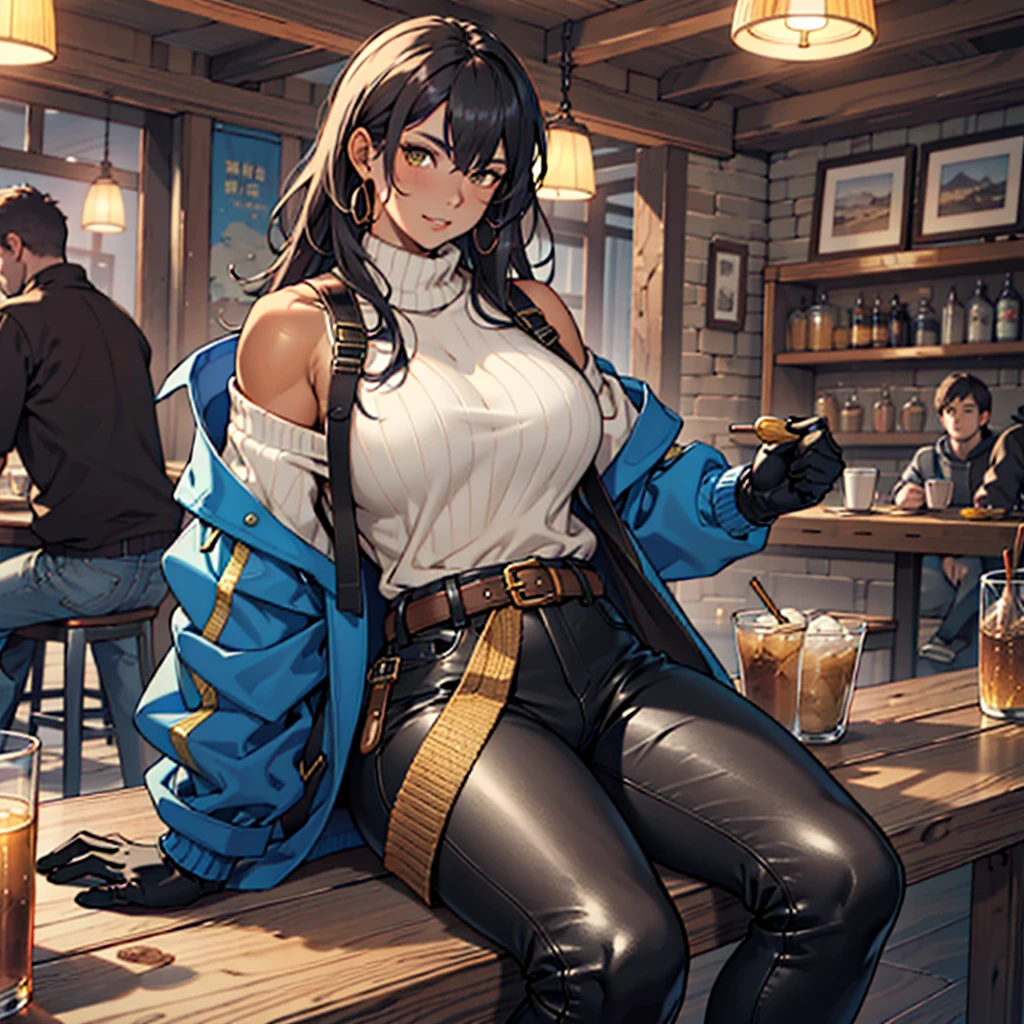 ((best quality)), ((masterpiece)), (detailed), 1girl, off-shoulder sweater, young Korean woman with golden eyes, sandy lush hair, tanned bronze skin, huge chest, sculpted powerful body muscles, dressed in a blue coat, dressed in heavy steel armor, black leather pants, wide yellow leather belt with gold yarn, steel gloves, hiking backpack , sits in a tavern of adventurers of a fantasy world,