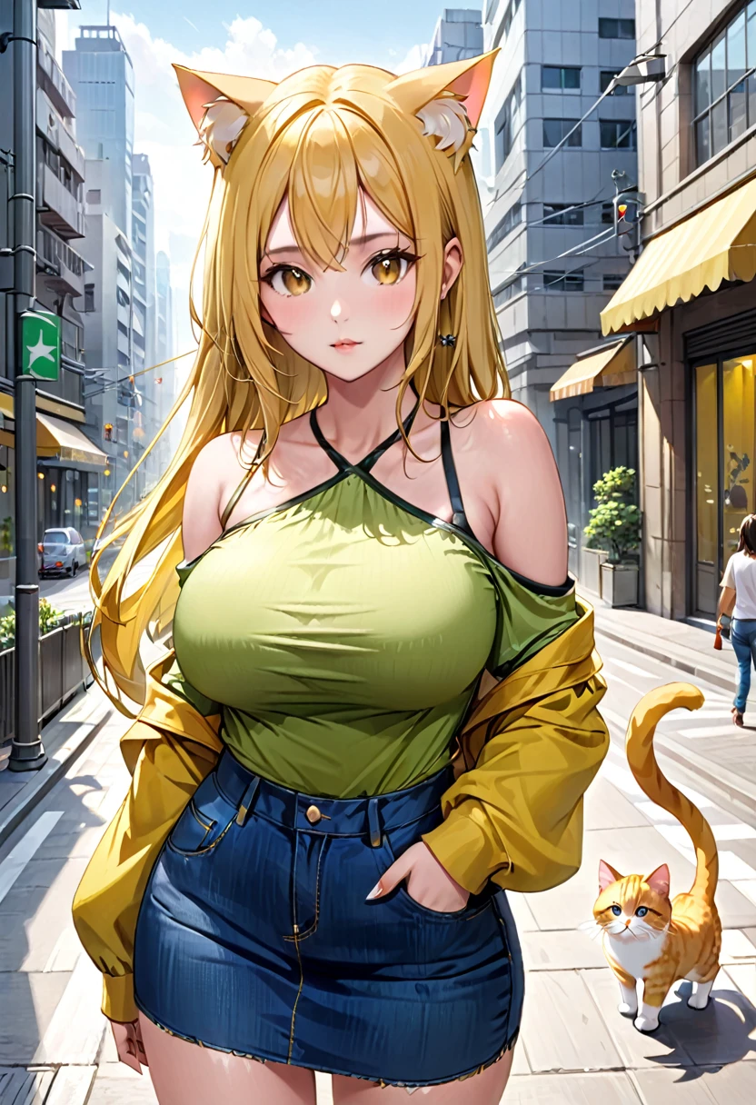 ( straight face picture )) ((best quality)),  ((Masterpiece)), (details), Young woman ,cat ears ,yellow hair , beautiful girl hair , according to green  ,Yellow open-shoulder shirt outfit , jeans skirt , has a tail, big breasts, ,city
