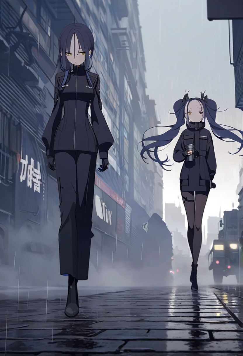 (One very tall woman,Dark navy blue hair,Her hairstyle is twin tails that expose her forehead.,Medium chest,yellow eyes)Black Techwear,Thimble gloves,Walking in the rainy city