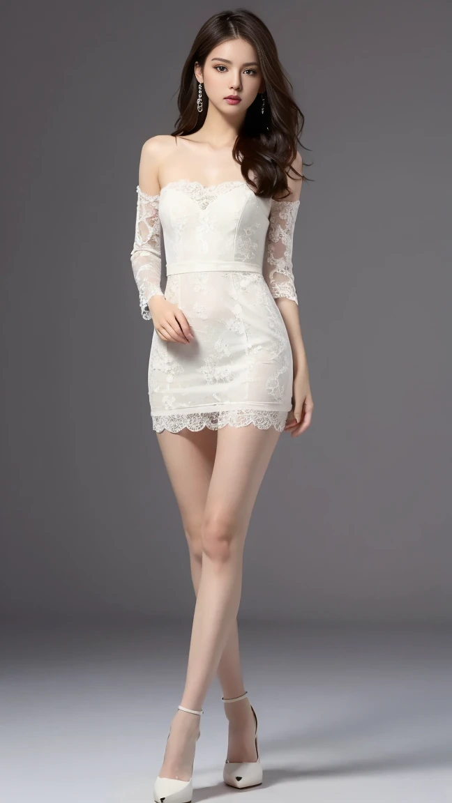 Highest quality,masterpiece,Ultra-high resolution,(Actual:1.4),Original photo,Ultra-high resolution,8K,There are also women,Fair skin、Sheer white lace mini dress,High heels,Long legs:1.5,Bright and beautiful,high waist,Flashy makeup using red eyeshadow,Gray background,