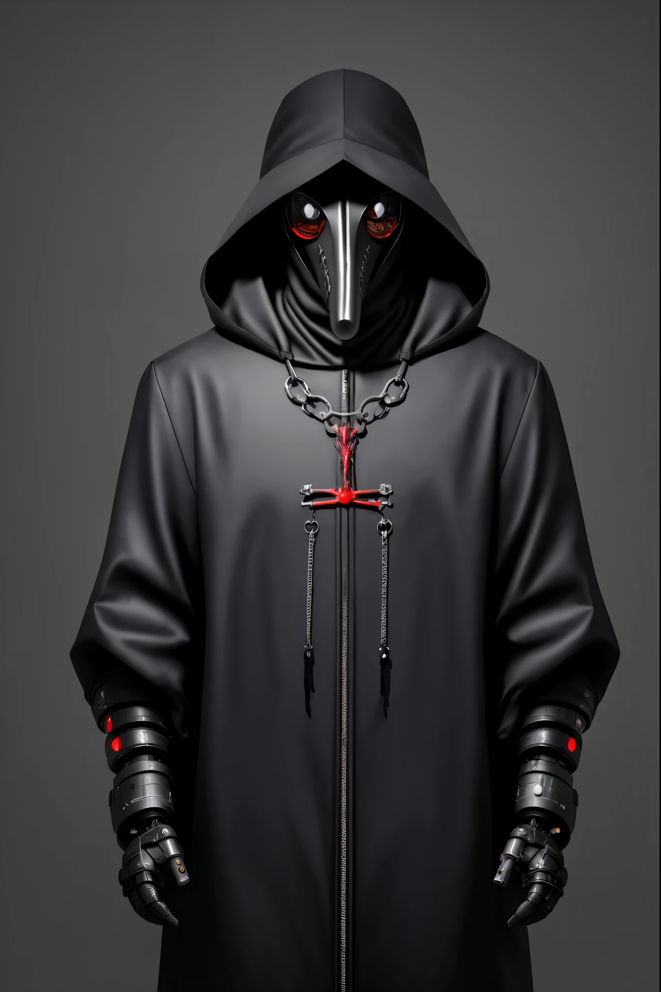 A cyborg plague doctor with a raven-themed design, in devilcore art style
