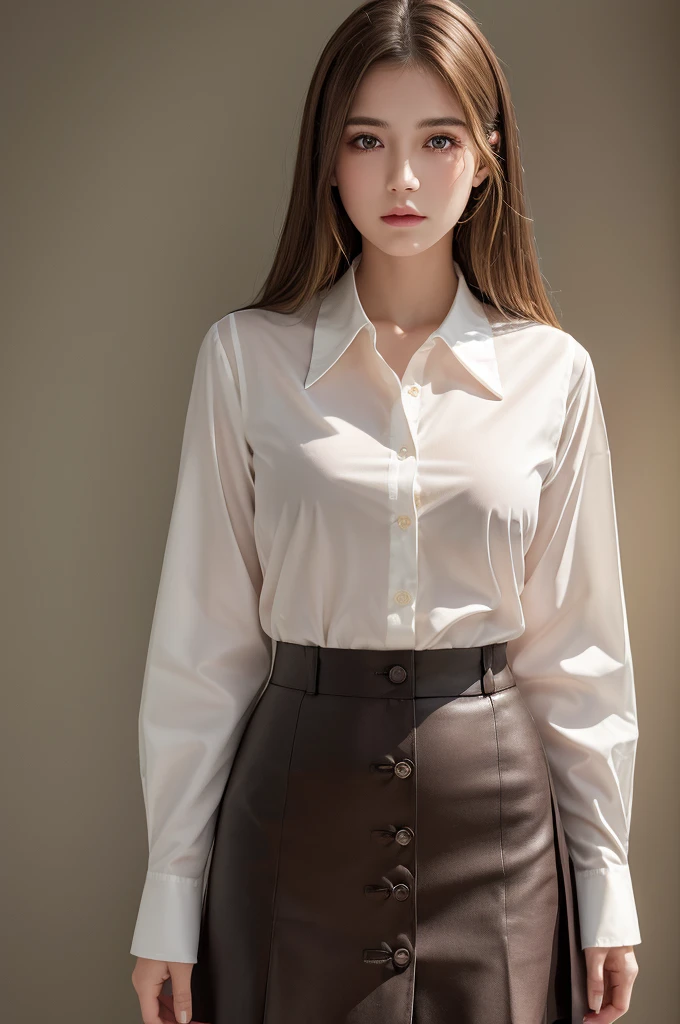 Highest quality, Ultra-high resolution, (Realistic:1.4), One girl, Button-down shirt, Black Skirt, School, Dark brown hair, chest, (Blonde:1.2), View your viewers, (Highly detailed face:1.1),, (Purelos Face_v1:0.8),Tick tock,