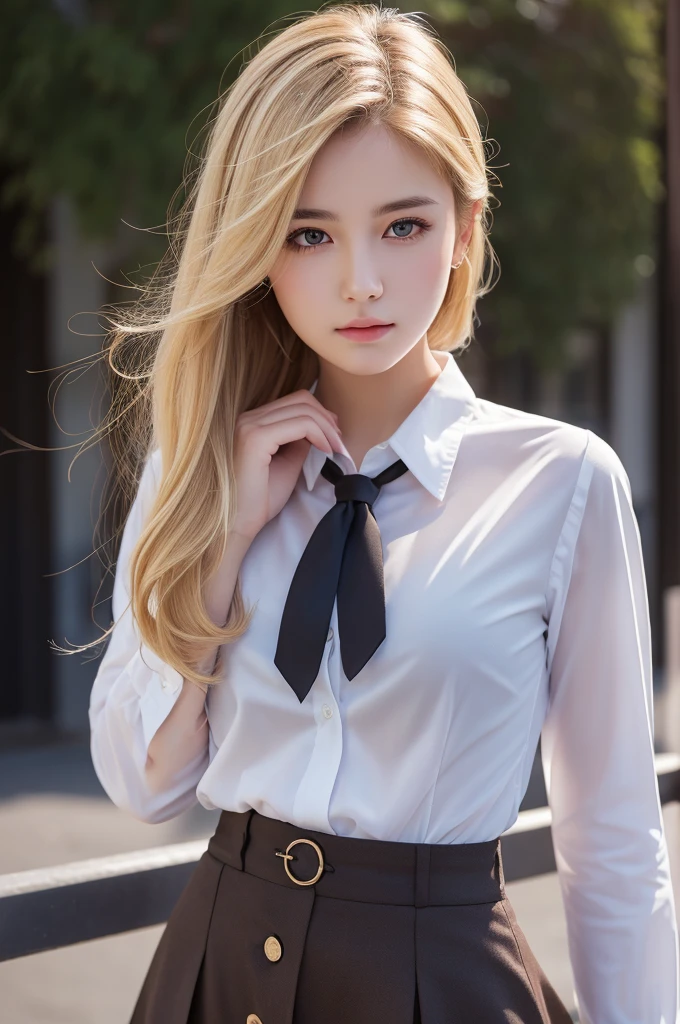 Highest quality, Ultra-high resolution, (Realistic:1.4), One girl, Button-down shirt, Black Skirt, School, Dark brown hair, chest, (Blonde:1.2), View your viewers, (Highly detailed face:1.1),, (Purelos Face_v1:0.8),Tick tock,