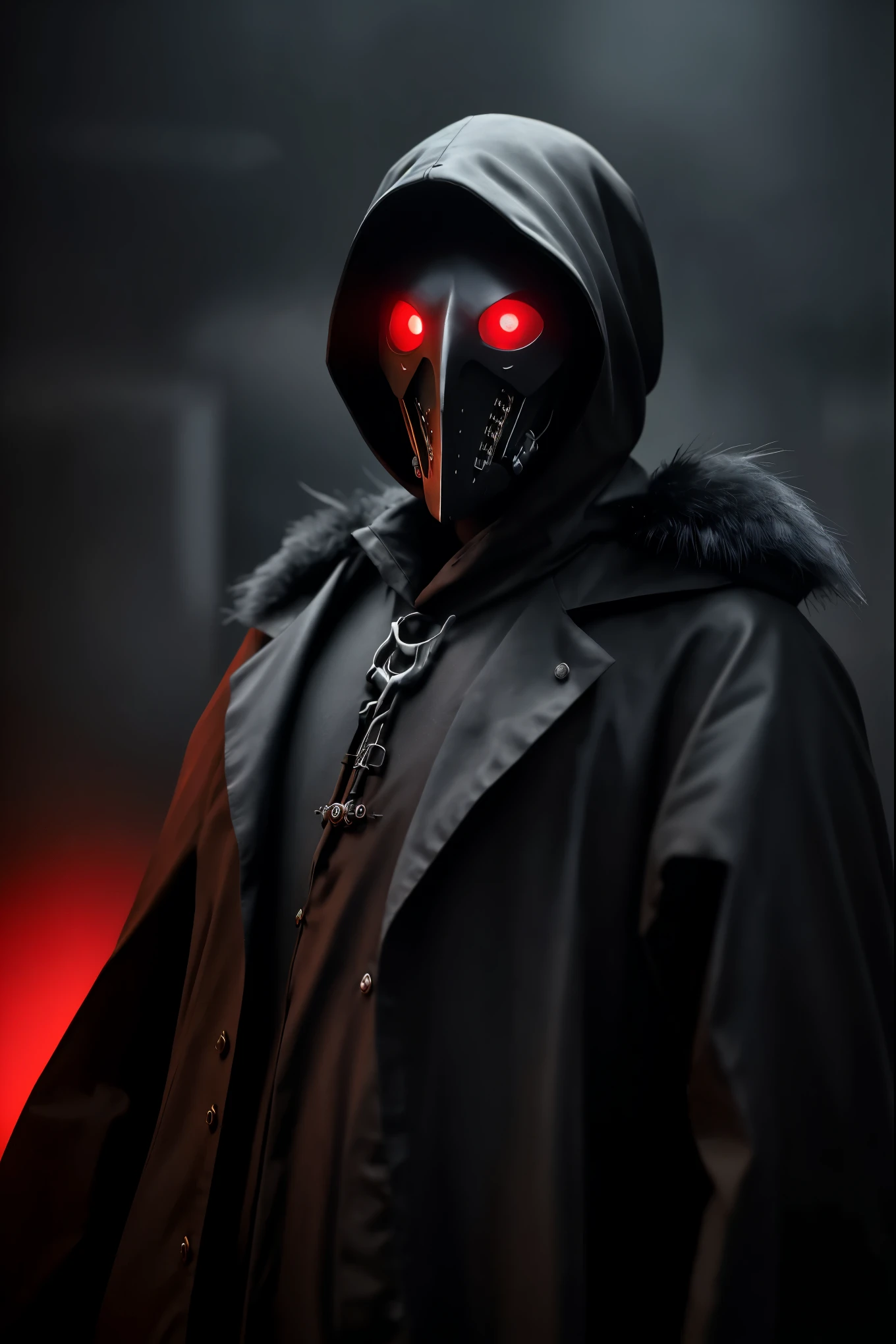 A cyborg plague doctor, raven-themed design, devilcore art style, best quality, 4k, 8k, highres, masterpiece, ultra-detailed, realistic, photorealistic, photo-realistic, HDR, UHD, studio lighting, ultra-fine painting, sharp focus, physically-based rendering, extreme detail description, professional, vivid colors, bokeh, dark moody lighting, gothic horror, dark fantasy, intricate details, mechanical parts, feathers, glowing eyes, ominous atmosphere, dramatic lighting, black and red color palette