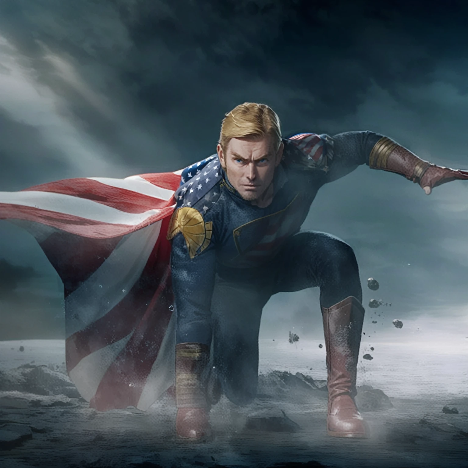 Superhero with a flag on his chest, HomeLander from the boys, Home Lander, his cape is the american flag, anime styling