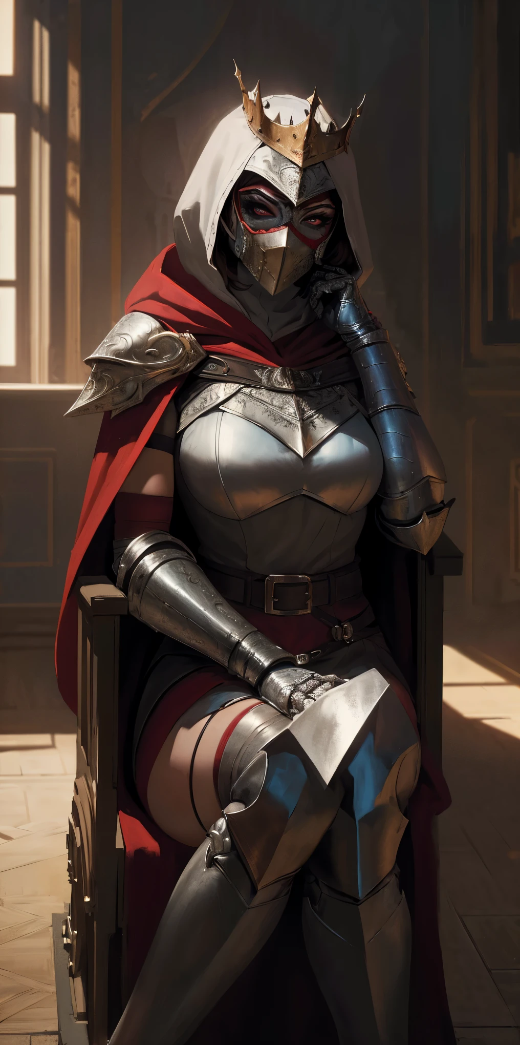 (masterpiece, best quality, absurdness, 4k, aesthetic, detailed, intricate, perfect lighting) cinematic angle, 1sologirl, sitting on throne, elbow rest, castle interior, mask, hood, cape, belt, armor, cloak, red gloves gauntlets, bkcrown