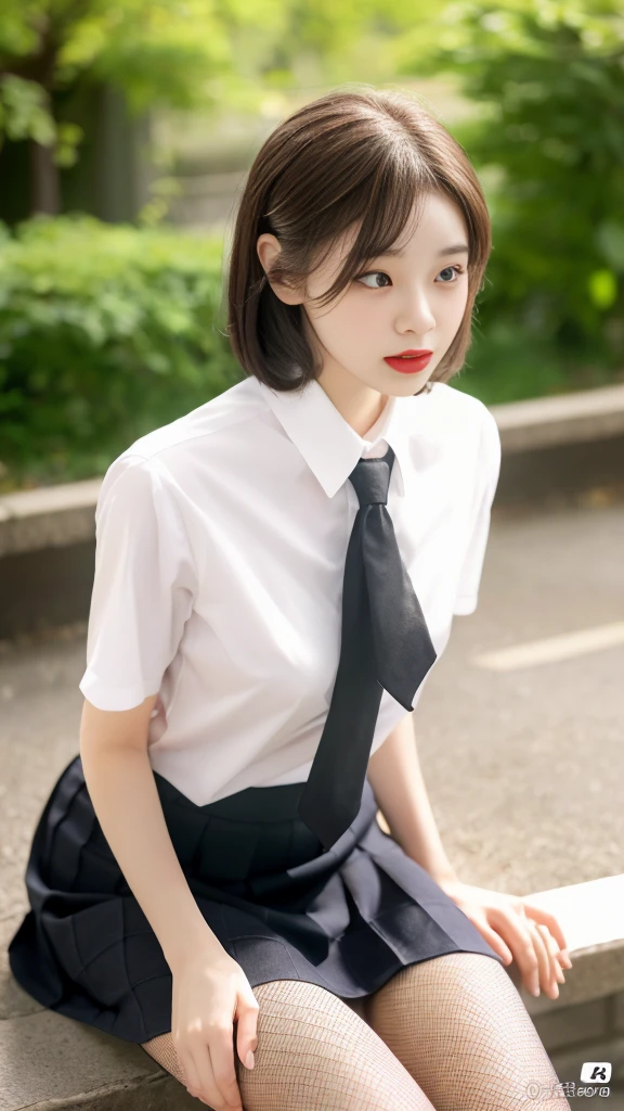 Korean 、summer  shirt、Tight shirt、Ribbon Ties、skirt by the、schools、stairs at school、chest lifting pose、Emphasis on the chest、Slender and large、8K raw photos、A high resolution、18-year-old Korean、embarrassing looking、very large round breasts、Beautiful eyes finely detailed、long eyelasher、beautiful double eyelid、eye shadows、eyeline、slender eyes、Elongated eye shape、Sanpaku eyes、beautiful and thin legs、Beautiful slender thighs、Random Shorthair、Tie your hair behind your head、耳Nipple Ring、Light brown hair、(Wear pantyhose)、Hold your knees，short hair,  fishnet stocking 