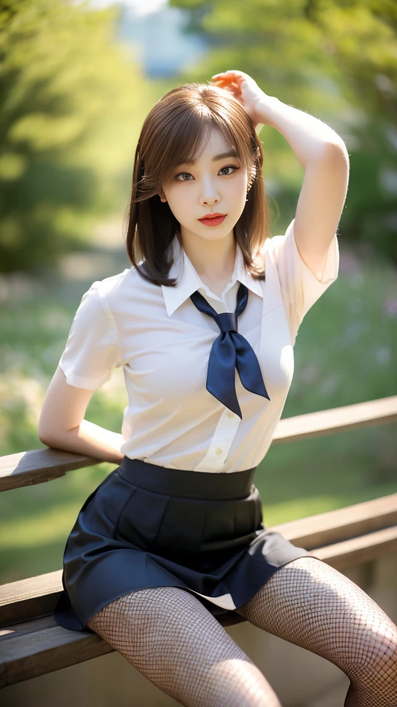 Korean 、summer shirt、Tight shirt、Ribbon Ties、skirt by the、schools、stairs at school、chest lifting pose、Emphasis on the chest、Slender and large、8K raw photos、A high resolution、18-year-old Korean、embarrassing looking、very large round breasts、Beautiful eyes finely detailed、long eyelasher、beautiful double eyelid、eye shadows、eyeline、slender eyes、Elongated eye shape、Sanpaku eyes、beautiful and thin legs、Beautiful slender thighs、Random Shorthair、Tie your hair behind your head、耳Nipple Ring、Light brown hair、(Wear pantyhose)、Hold your knees,short hair, fishnet stocking