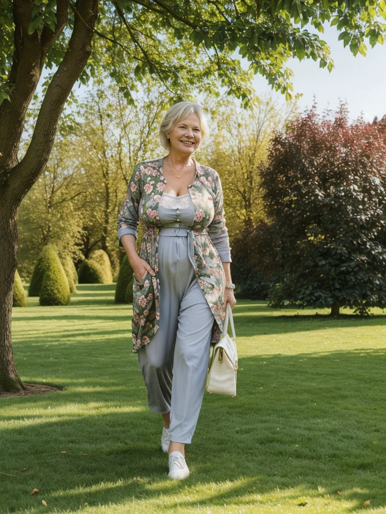 Ellen Burstyn, her name is Lieke, high quality, 1 old woman, ((50-year-old plump dutch woman)), ((55 years old)), (((wrinkled body))), ((((old body)))), ((milf)), ((short grey hair)), (((no make up))), (pale skin),(((large breasts))), ((wide hips)), ((thick legs)), ((Large cleavage:1.1)) POSE: STANDING, ((she is wearing modest stylish Generation X floral clothing different colors)), cheerful, happy, BACKGROUND: outdoor: Rosenborg Castle Gardens, Copenhagen: Elegant gardens with neatly trimmed hedges, statues, and vibrant flower beds. Peacocks roaming freely and a clear blue sky could set a serene atmosphere.