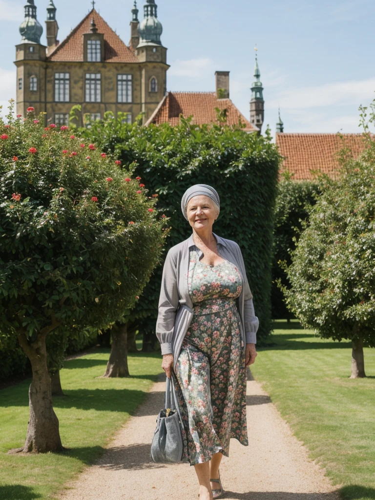 Ellen Burstyn, her name is Lieke, high quality, 1 old woman, ((50-year-old plump dutch woman)), ((55 years old)), (((wrinkled body))), ((((old body)))), ((milf)), ((short grey hair)), (((no make up))), (pale skin),(((large breasts))), ((wide hips)), ((thick legs)), ((Large cleavage:1.1)) POSE: STANDING, ((she is wearing modest stylish Generation X floral clothing different colors)), cheerful, happy, BACKGROUND: outdoor: Rosenborg Castle Gardens, Copenhagen: Elegant gardens with neatly trimmed hedges, statues, and vibrant flower beds. Peacocks roaming freely and a clear blue sky could set a serene atmosphere.