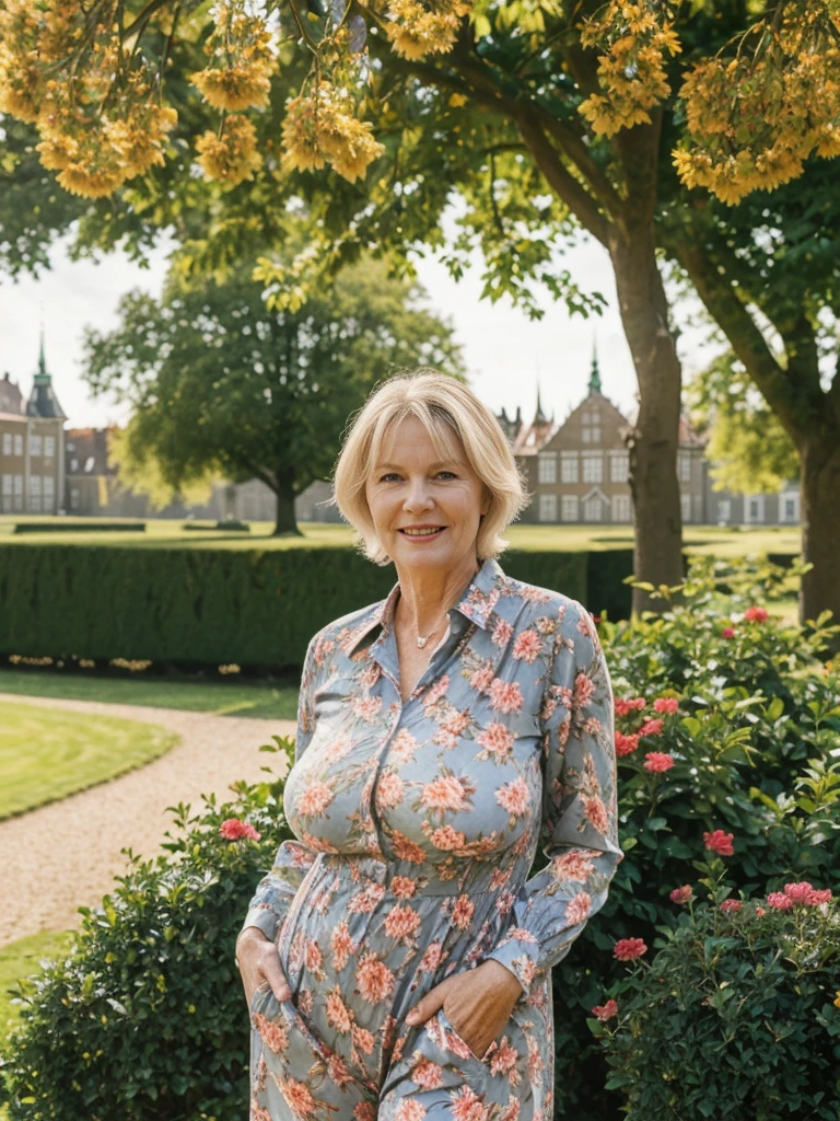 Ellen Burstyn, her name is Lieke, high quality, 1 old woman, ((50-year-old plump dutch woman)), ((55 years old)), (((wrinkled body))), ((((old body)))), ((milf)), ((short grey hair)), (((no make up))), (pale skin),(((large breasts))), ((wide hips)), ((thick legs)), ((Large cleavage:1.1)) POSE: STANDING, ((she is wearing modest stylish Generation X floral clothing different colors)), cheerful, happy, BACKGROUND: outdoor: Rosenborg Castle Gardens, Copenhagen: Elegant gardens with neatly trimmed hedges, statues, and vibrant flower beds. Peacocks roaming freely and a clear blue sky could set a serene atmosphere.