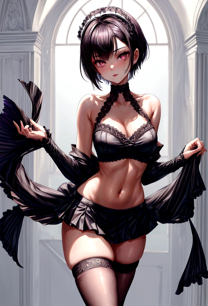 masterpiece, best quality, distinct image, 1 girl, 16 year old ager, off shoulder sport-like crop top, frilly A-line pleated mini skirt, long thigh-high tights worn underneath, solo. sharp facial features, oval shaped face, cherry pink lip, lightly tanned white skin, velvet-colored eyes, medium height(175cm), slim yet toned body-type, dark black-violet hair, short pixie cut hairstyle, slender legs, moderate curvy hips stretching the dress, full body image, gothic style environment